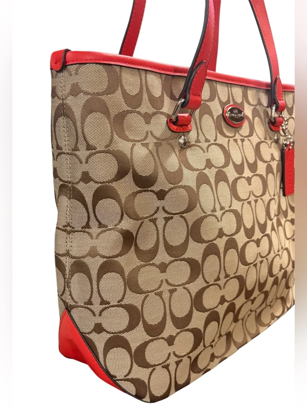 Coach Signature Zip Top Tote Khaki/Red NWT